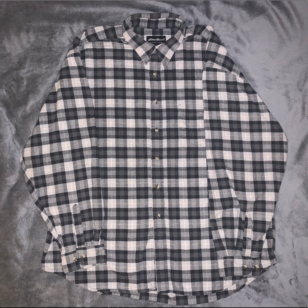 Eddie Bauer Black and White Plaid Casual Button Down Shirt